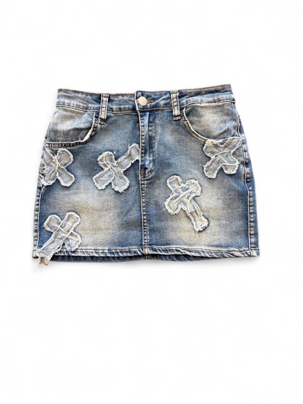 💜$5 BUNDLED- SHEIN Light Blue Distressed Denim Mini Skirt with Cross Appliqués